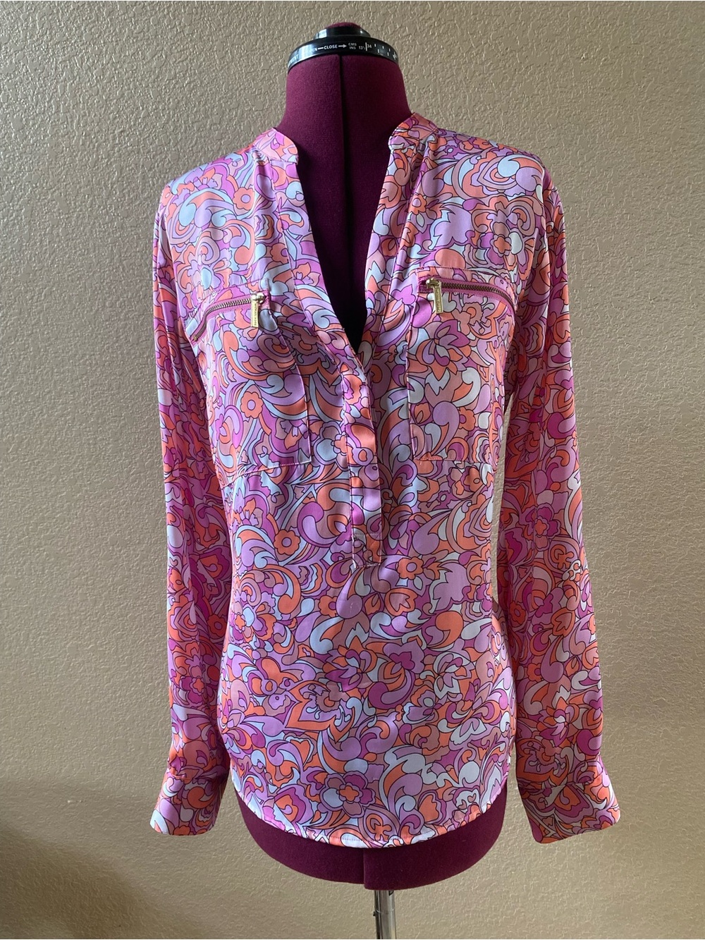 Michael Kors Pink & Orange Floral-Print Long Sleeve Blouse